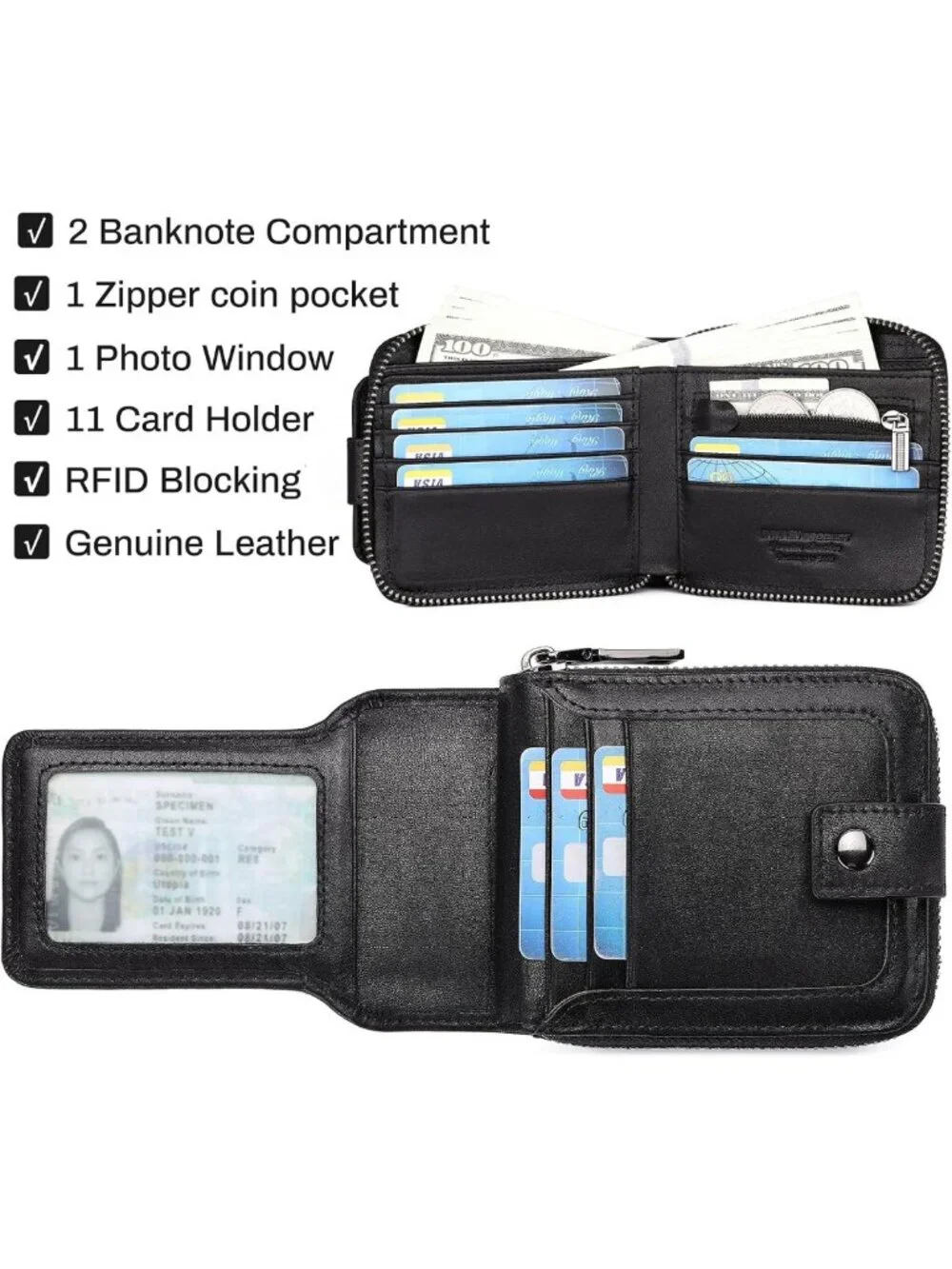 Genuine Leather RFID Blocking Bifold Zipper Wallet for Men with Card Holder